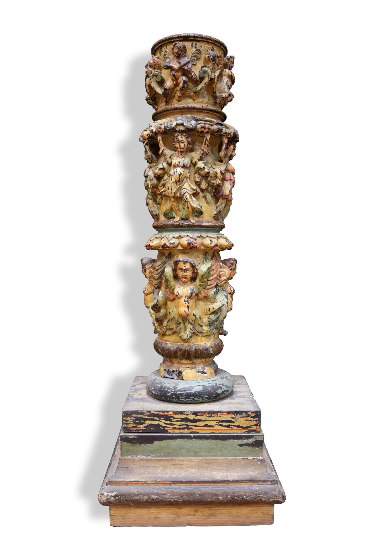 Antike bemalte Holzsäule. Epoche 17. Jahrhundert.